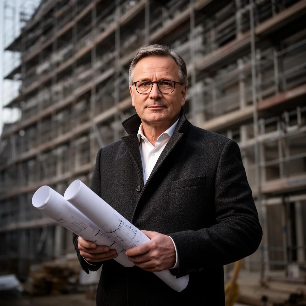 Erfahrener Architekt mit Bauplänen vor Fassadengerüst