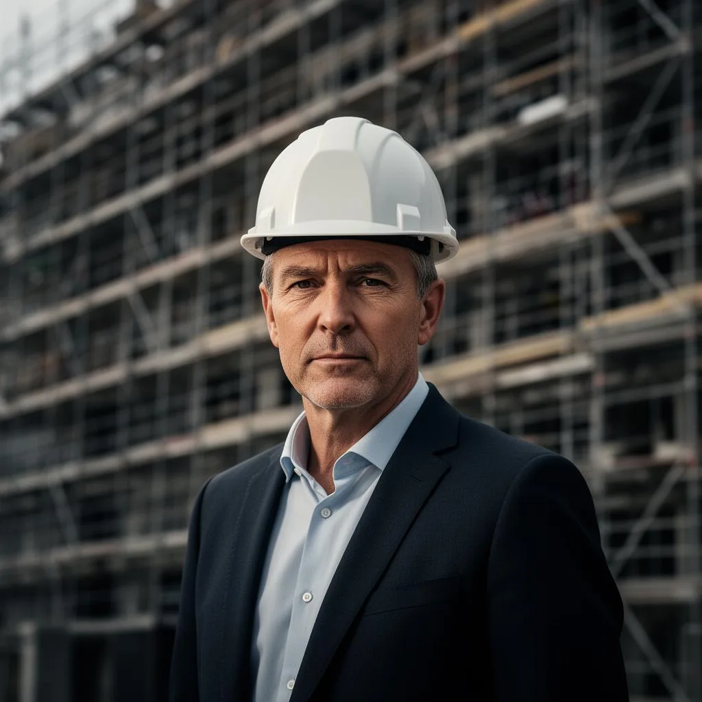 Bauherr mit Helm und Anzug vor Fassadengerüst