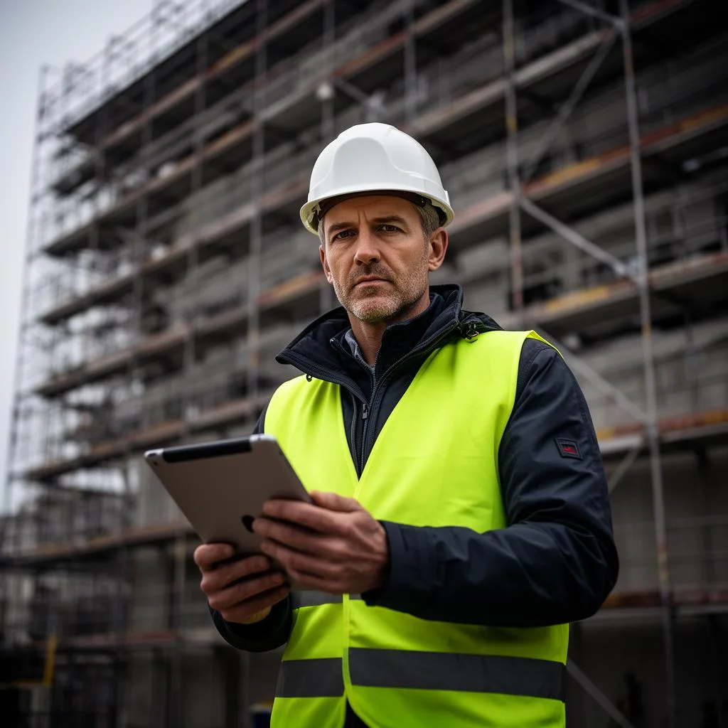 Bauleiter mit Tablet und Warnweste vor Fassadengerüst